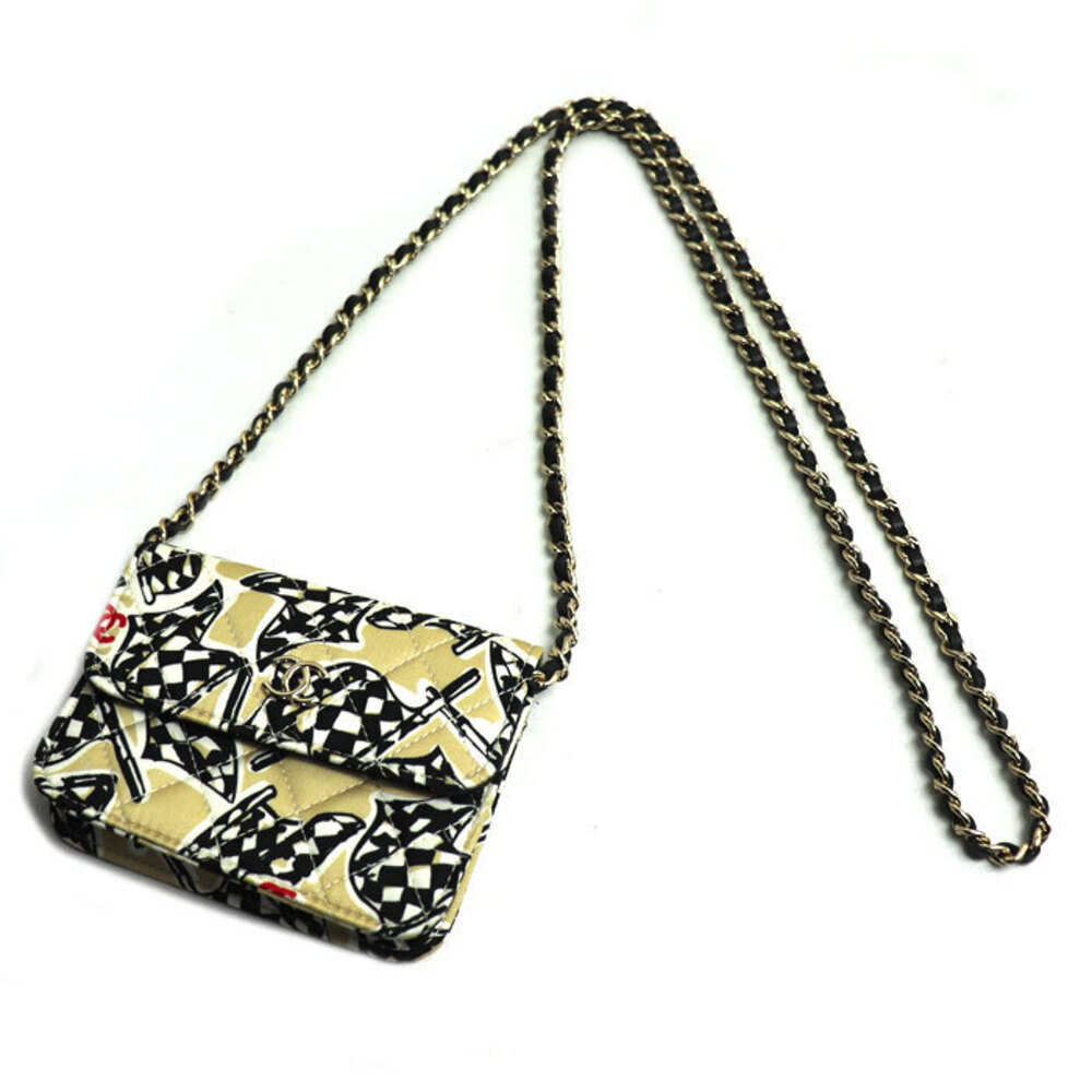 CHANEL Checkered Flag Shoulder Bag Beige Tan Black